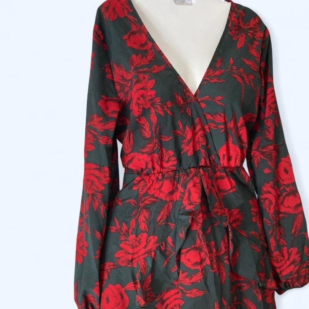 Grey and red floral dress with wrap ruffle front M Unbranded
